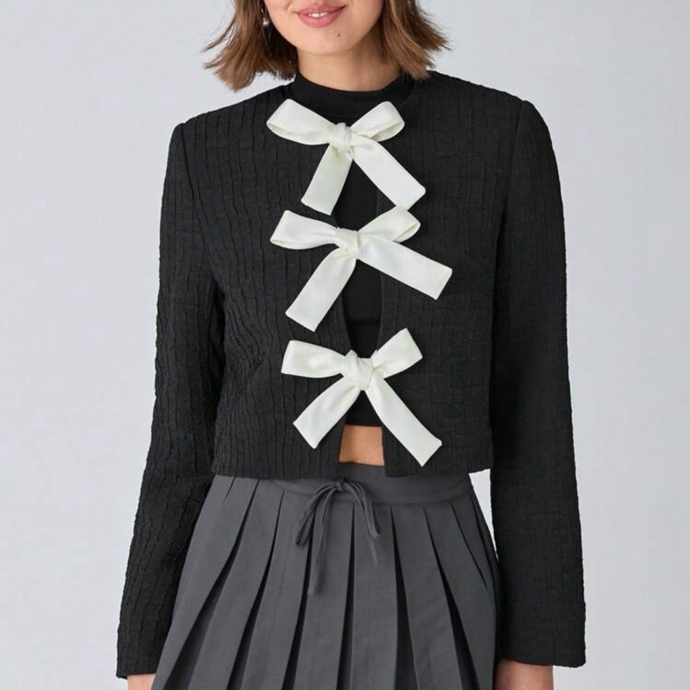 TRIPLE SWEET Textured Black Blazer with White Bows M/L